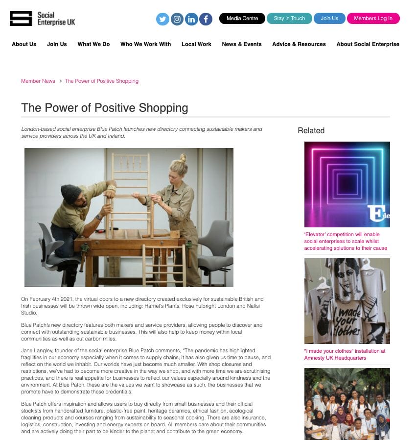 screen shot of a blog showing a man and woman making a chair, and a magazine article called The Power of Positive Shopping