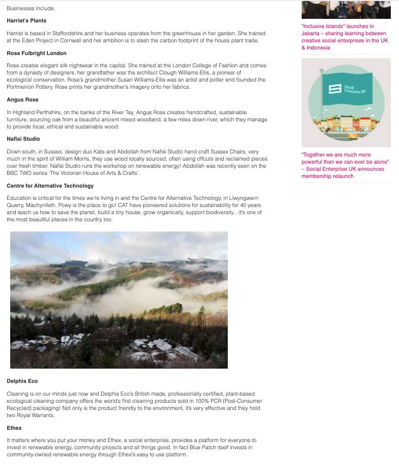 screen grab of a feature on Blue Patch in social enterprise UK, member's news.