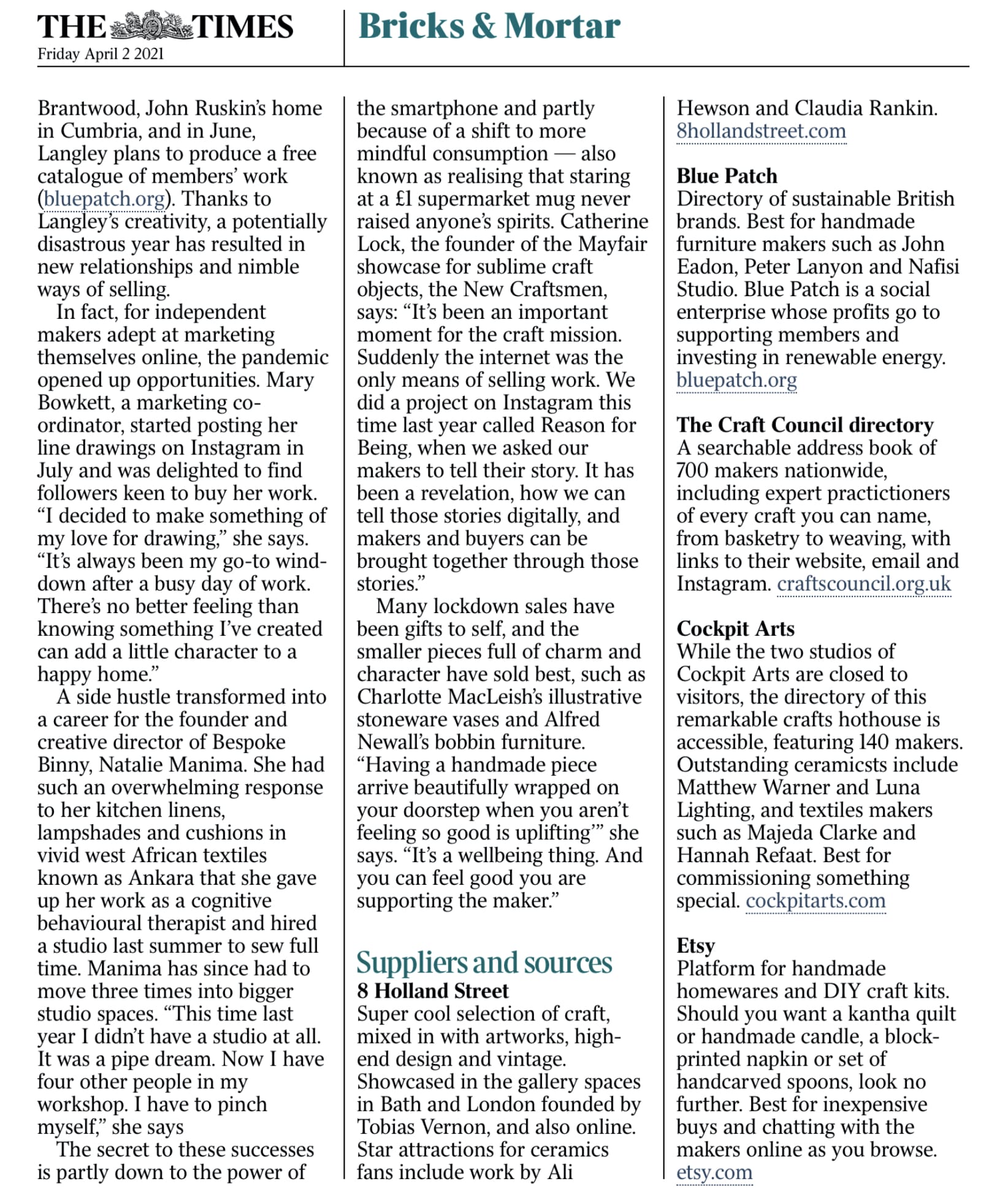 newspaper article on handcrafters during the pandemic, part 2, Times, Friday April 2nd