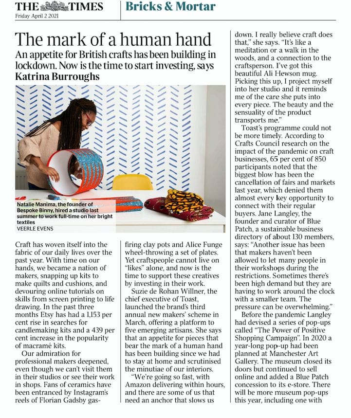 Article in the Times on Friday April 2r, 2020 on handcrafters during the pandemic