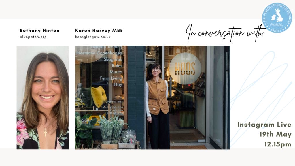instagram cover showing Bethany the interviewer and Blue Patch intern and Karen harvey, the owner of Hoos, standing outside her shop