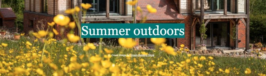 Banner with buttercups in a field and the caption Summer Outdoors,
