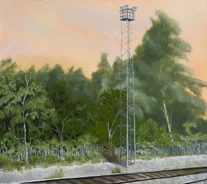 Landscape painting with pink sky and trees