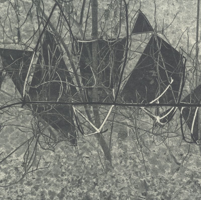 Detail of intaglio print of woods and tents by Finlay Taylor