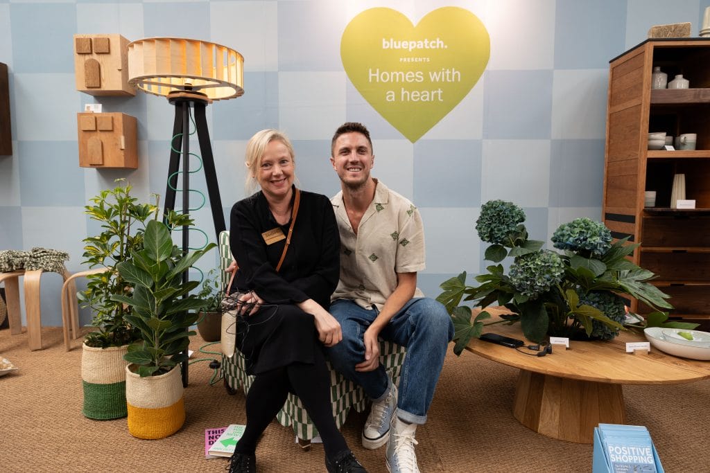 Jane Langley Founder, Blue Patch and Roddy Clarke, Design writer and consultant, share a seat by Haines and Lorfords Contemporary at London Design fair 2023
