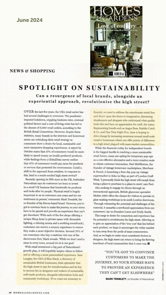 Spotlight on Sustainability, feature in Homes and Gardens on the High Street , June 2024